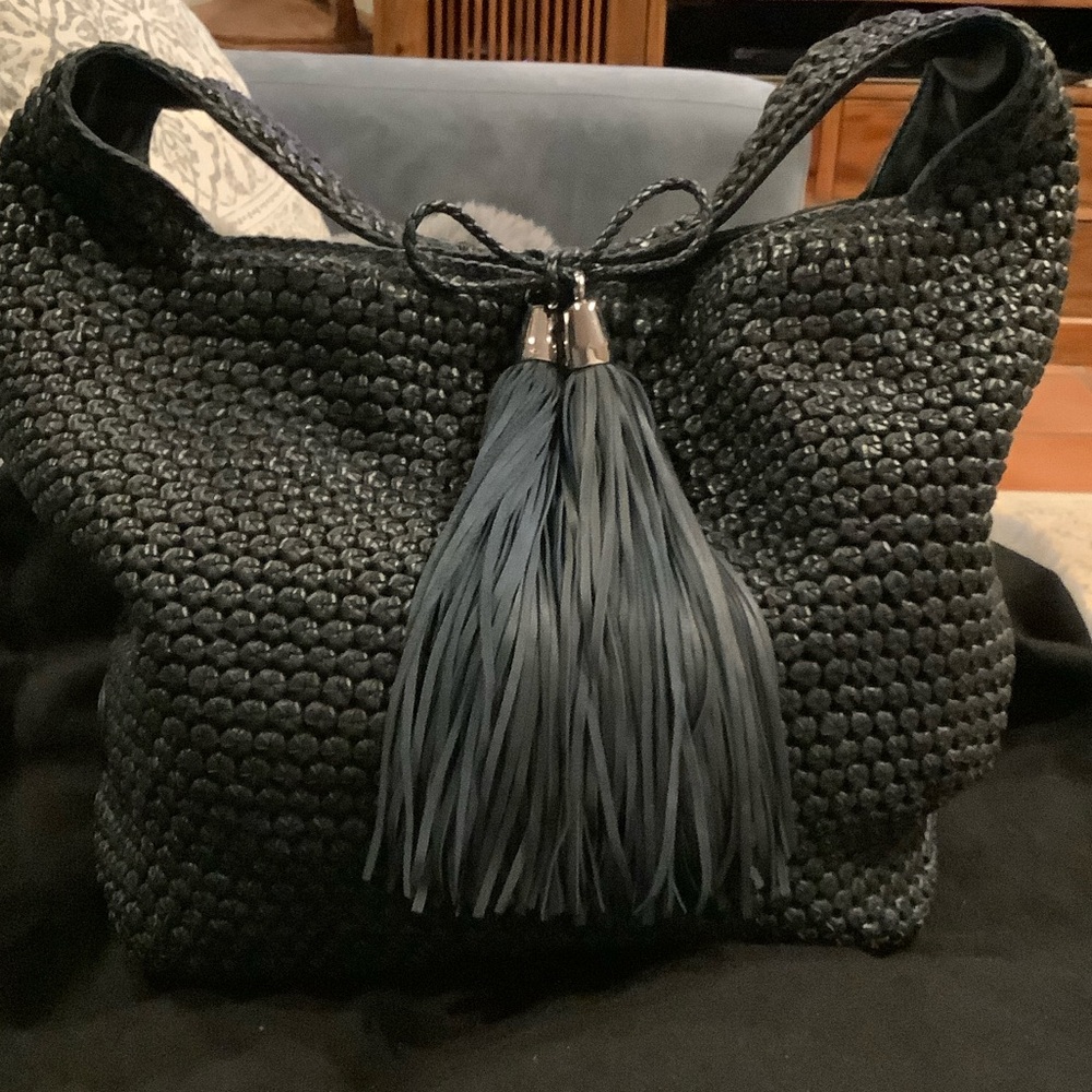 Chic Black Woven Hobo Bag with Tassels